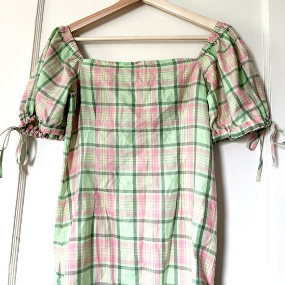 NWT Ragged Priest‎ Memory Cotton Mini Dress Green Pink Plaid XS - Picture 6 of 10